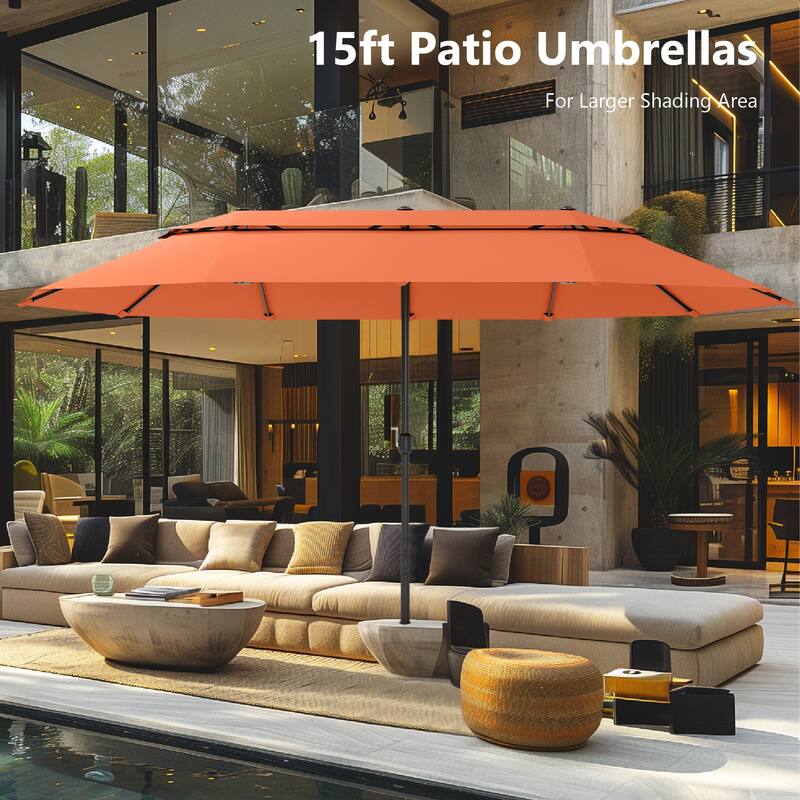 MAISON ARTS 15ft 2-Tier Large Patio Umbrella with Solar Lights, Double-Sided Outdoor Market Umbrellas with Base Included
