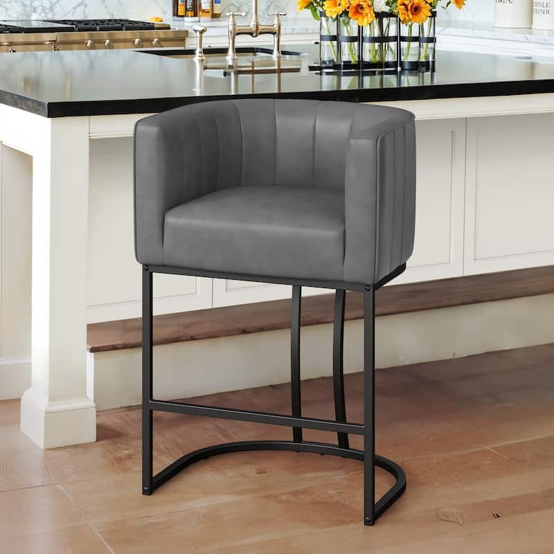 Modern 26.in Counter Height Stool Low Back Upholstered/PU Leather Barrel Bar Stool with Metal Frame - Set of 3 - Grey&Black/Faux Leather