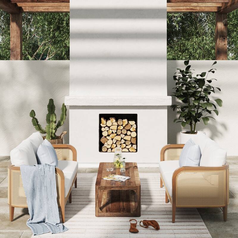 Twila Bohemian Outdoor Upholstered Rattan Patio Seating with Solid Wood Frame