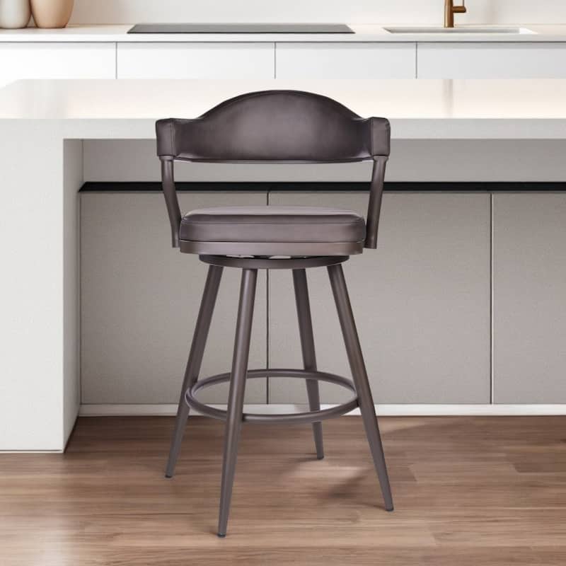Brown Faux Leather Counter Height Swivel Bar Chair with Arms and Footrest - 23” x 22” x 37.5” (D x W x H)