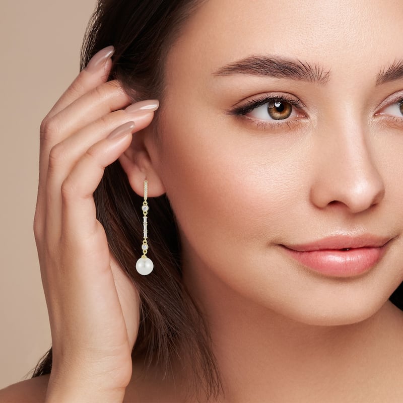 Soleil Sterling Silver Freshwater Pearl and CZ Drop Earrings