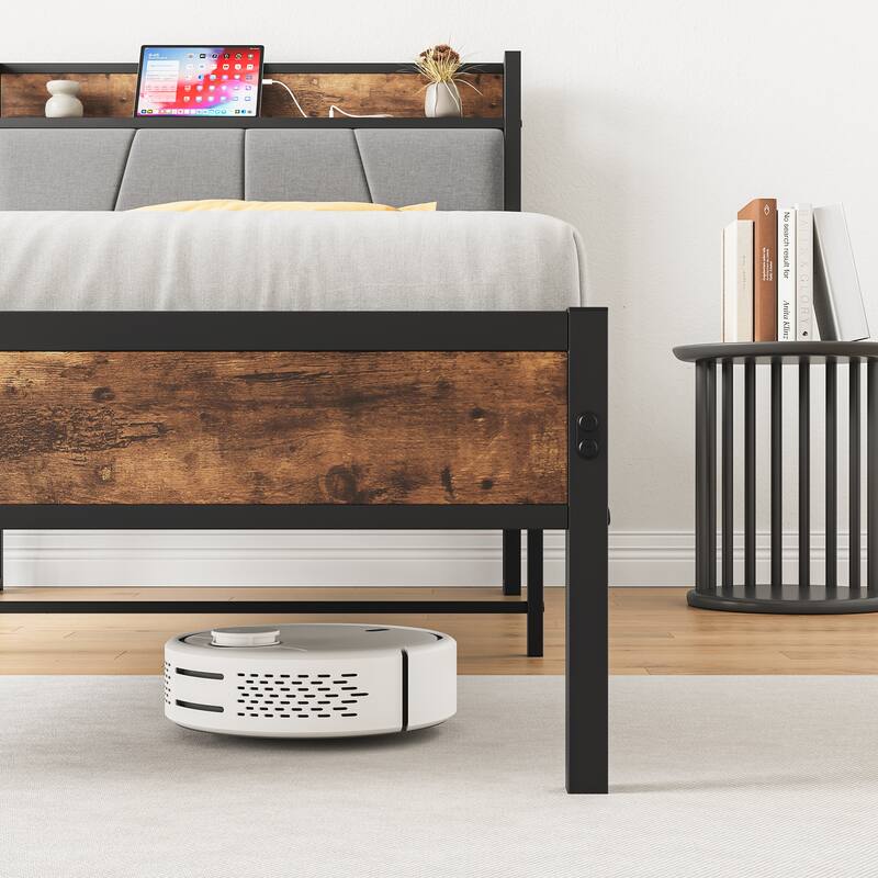 Twin Size Bed Frame with Storage Headboard and Charging Station, Metal & Wood, No Box Spring Needed