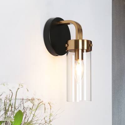 Modern 1-Light Black Gold Cylinder Glass Armed Wall Sconce Dimmable Vanity Light - 4.7" L x 5.5" W x 10" H