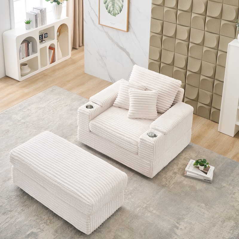White Corduroy Single Sofa with Pillows and Ottoman