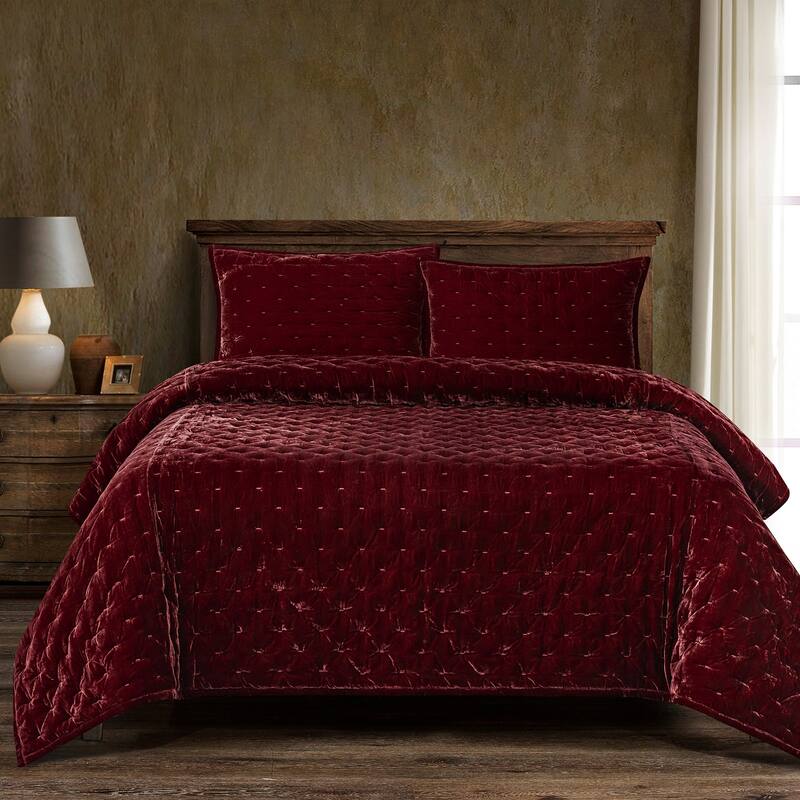 HiEnd Accents Stella Solid Color Faux Silk Velvet Romantic Modern Rustic 3 Piece Quilt Set with Pillow Shams - Garnet Red - Queen
