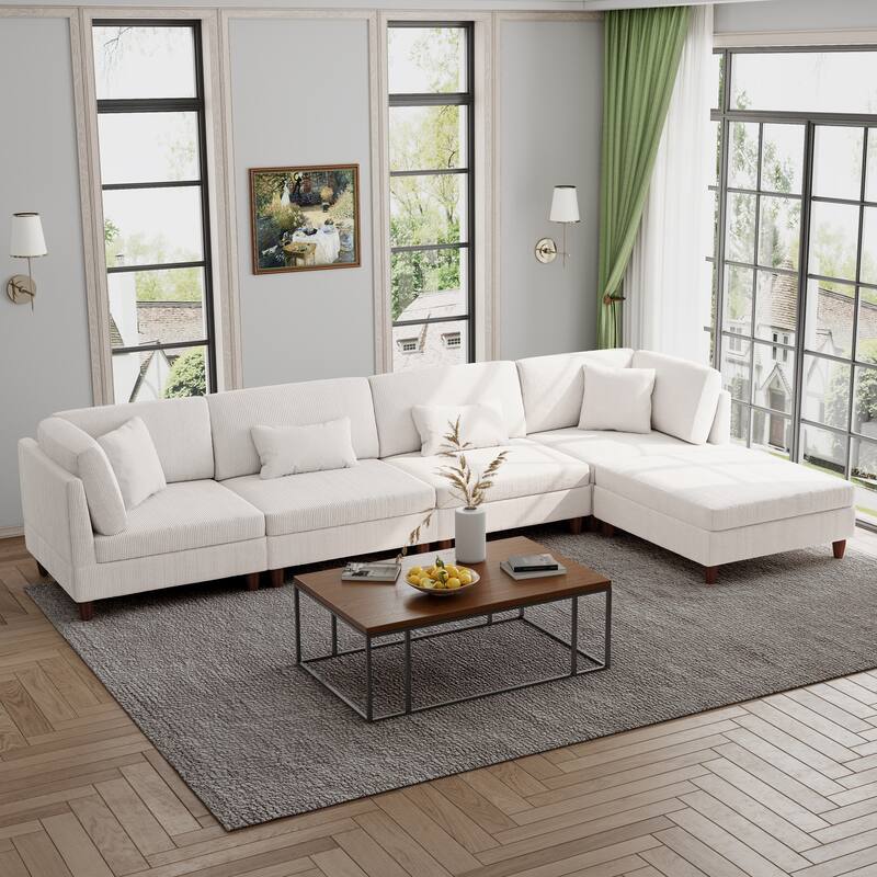 Modern Modular Corduroy Sectional Sofa with Ottoman - Beige 5 Piece