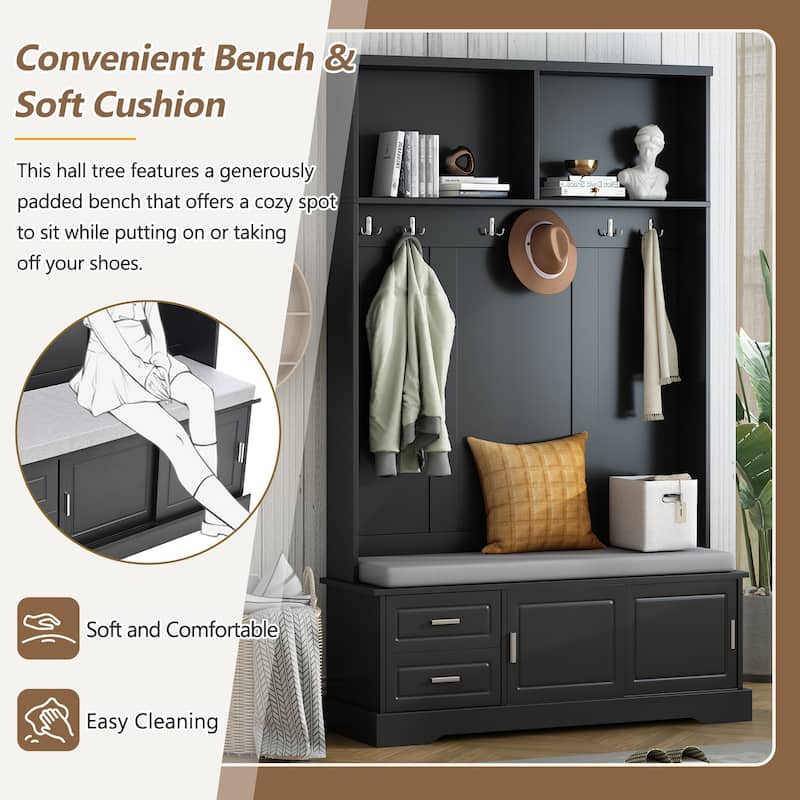 Entryway 3-in-1 Hall Tree with Storage Bench & Sliding Doors, Shoe Cabinet Coat Rack with Cushioned Seat & Anti-Tip