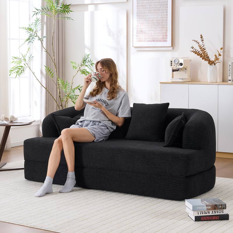Modern 2-in-1 2-Seater Sofa Folding Sofa Bed with 4 Pillows, Chenille Fabric, High-Density Foam, for Apartment Living Rooms