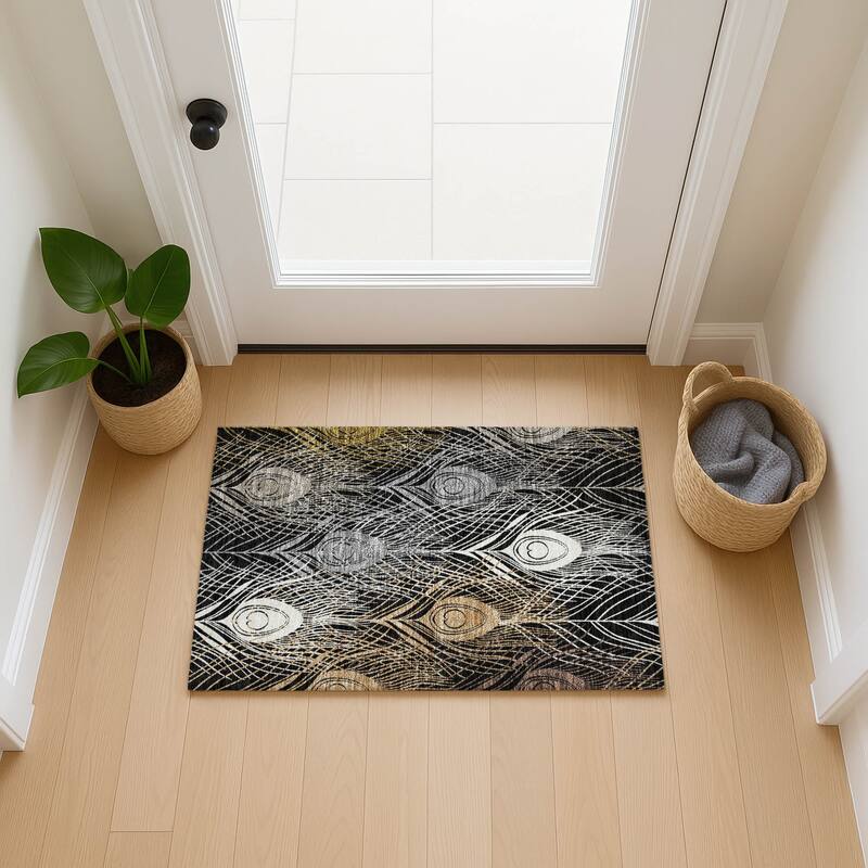 Machine Washable Indoor/ Outdoor Modern Peacock Chantille Rug