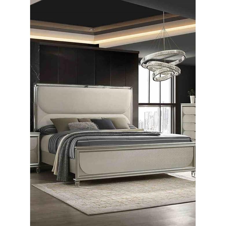 Modern Style Silver Finish LED Upholstered 1pc Bed