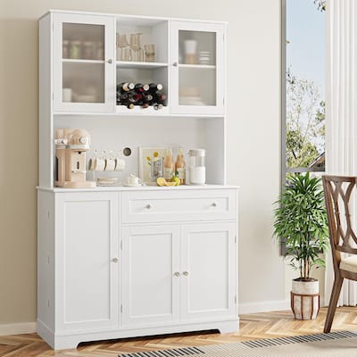Kitchen Pantry Storage Cabinet with Glass Doors and Shelves