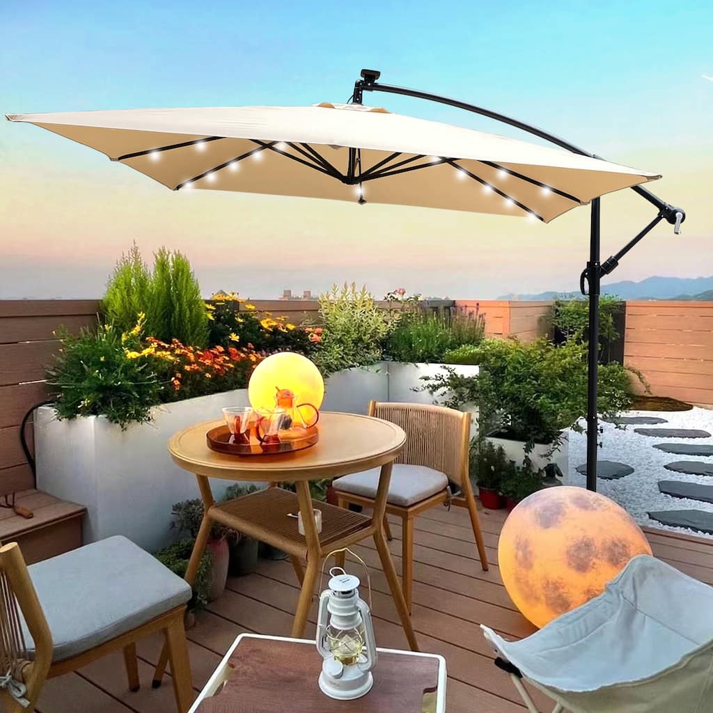 Square 2.5X2.5M Patio Umbrella Solar Powered LED Lighted Sun Shade Market Waterproof 8 Ribs Umbrella with Crank and Cross Base