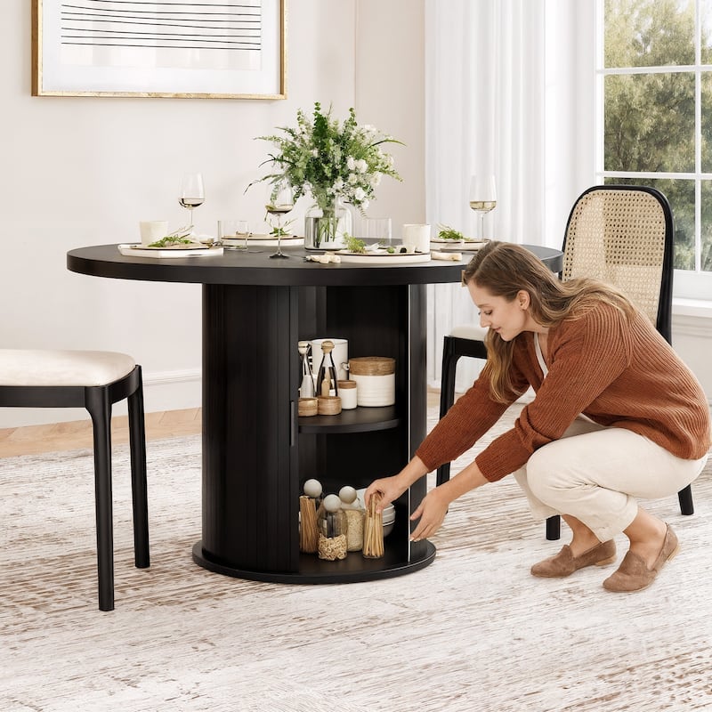 43" Round Dining Table, Wood Kitchen Table with Bucket Storage Shelf, Round Coffee Table Office Table, Easy Assembly