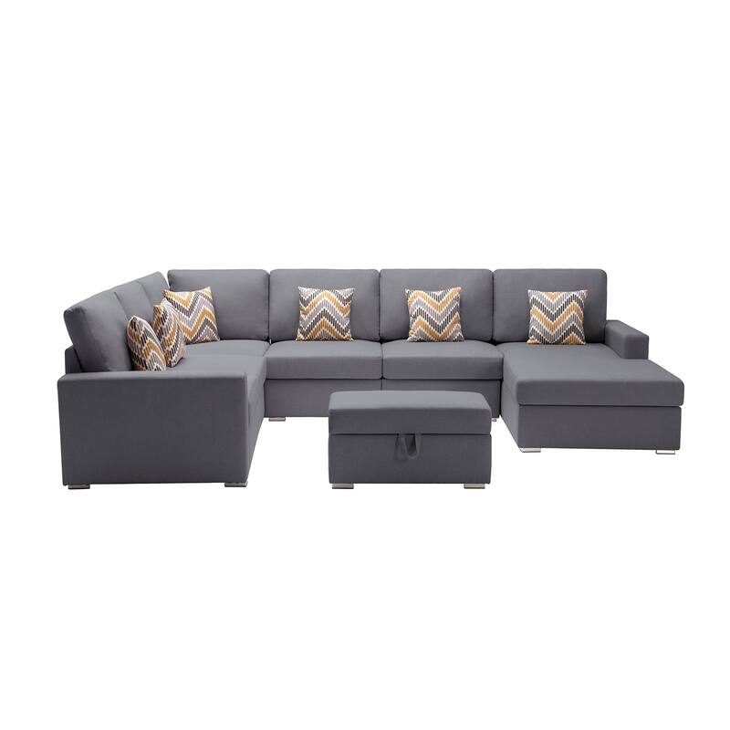 Linen Fabric 7 Piece Reversible Chaise Sectional Sofa with Interchangeable Legs, 7 Pillows and Storage Ottoman - Gray