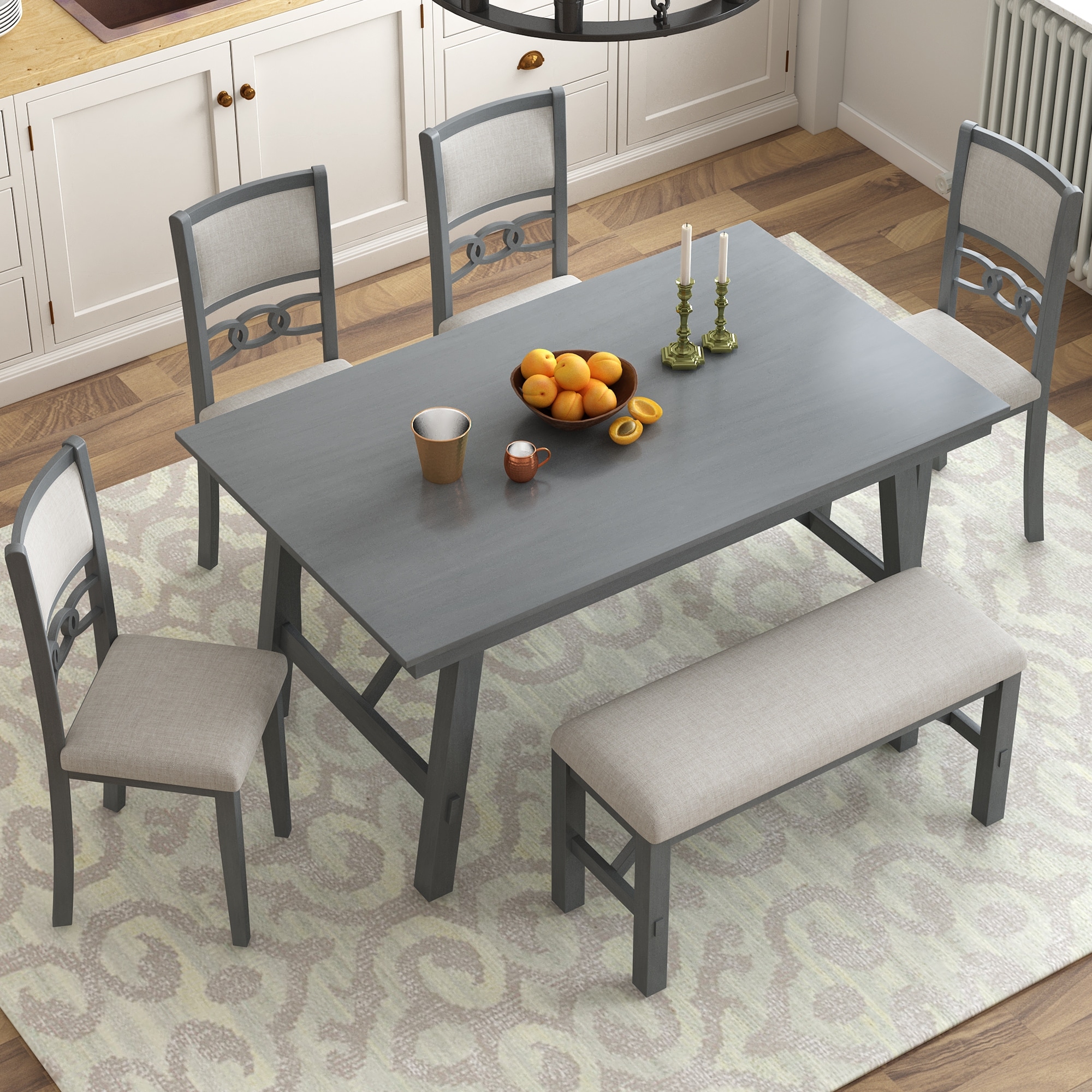 Grey Kitchen Bench Set 6-Piece Rectangular Dining Table Set W