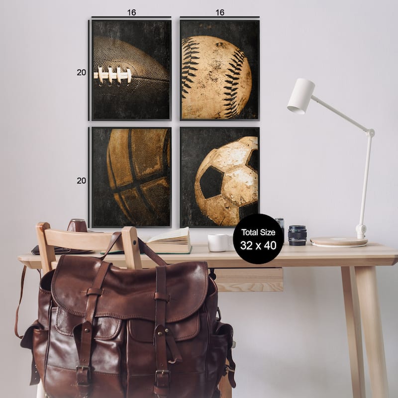 Stupell Distressed Vintage Sports Balls Framed Giclee Art Design By Kim Allen (Set of 4)
