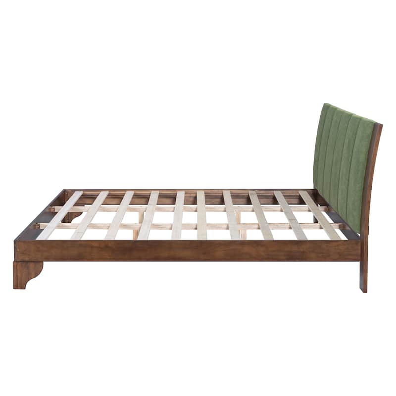Mid-Century Modern Wood Platform Bed Frame with Upholstered Headboard, Wood Slat Support, No Box Spring Needed, Easy Assembly