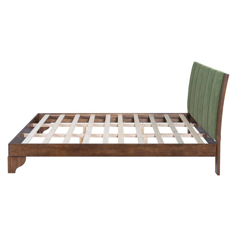 Pine Wood Bed Frame Mid Century Modern Platform Bed with Green Upholstered Headboard, Wood Slat Support Low Profile Wingback Bed