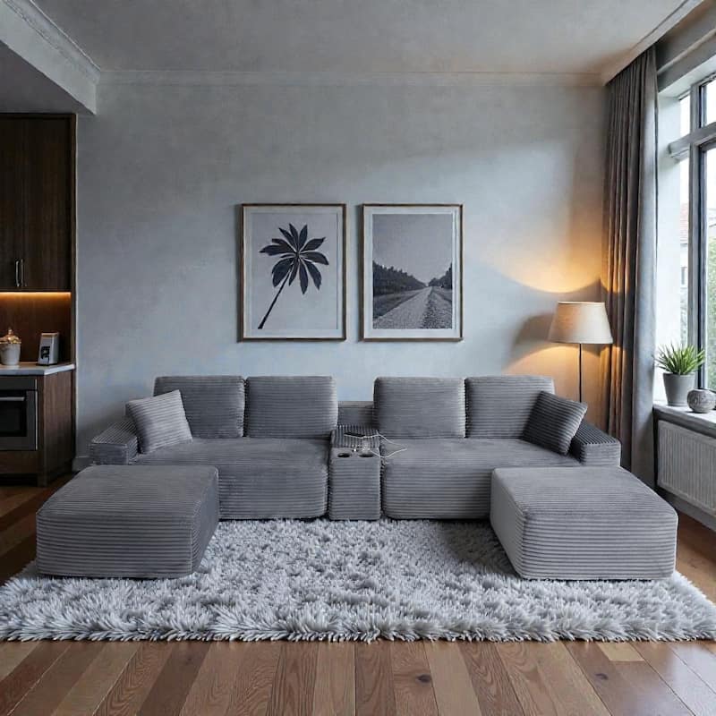 125" L Shaped Sectional Sofa with 2 Ottomans, Cloud Corduroy Couch with Deep Seat, Cup Holders and USB Ports