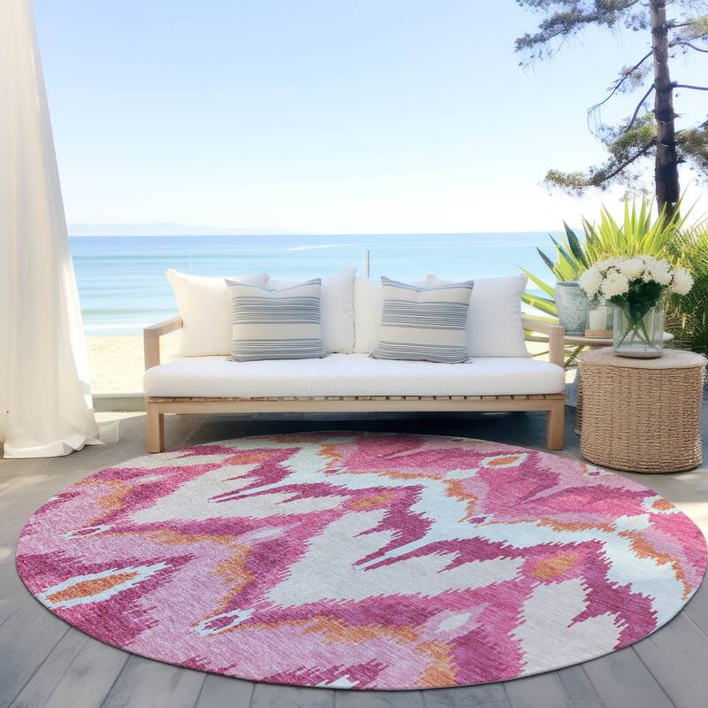 Machine Washable Indoor/ Outdoor Chantille Boho Ikat Rug - Pink - 8' x 8'
