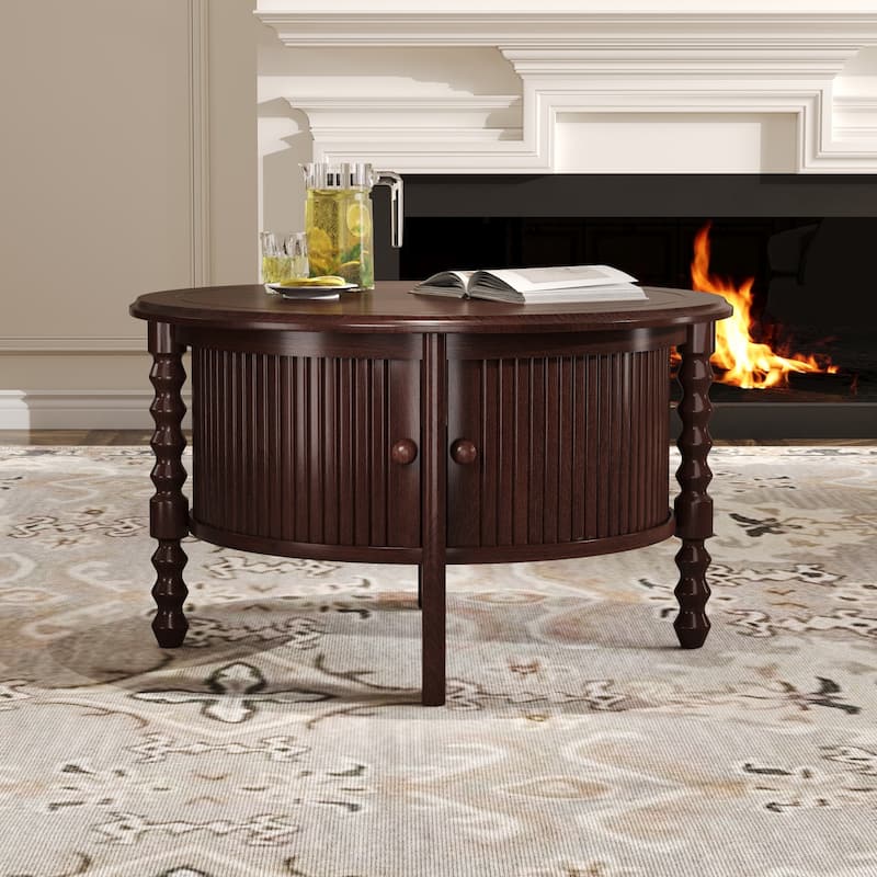 Vintage Round Coffee Table with Sliding Door Storage & Slatted Design