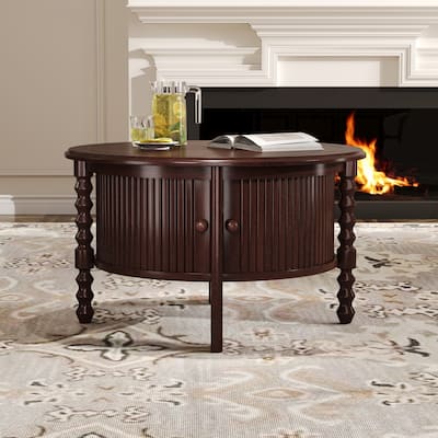 Vintage Round Coffee Table with Storage in 30.3", Modern Cocktail Table with Sliding Door, Slatted Design Accent Table