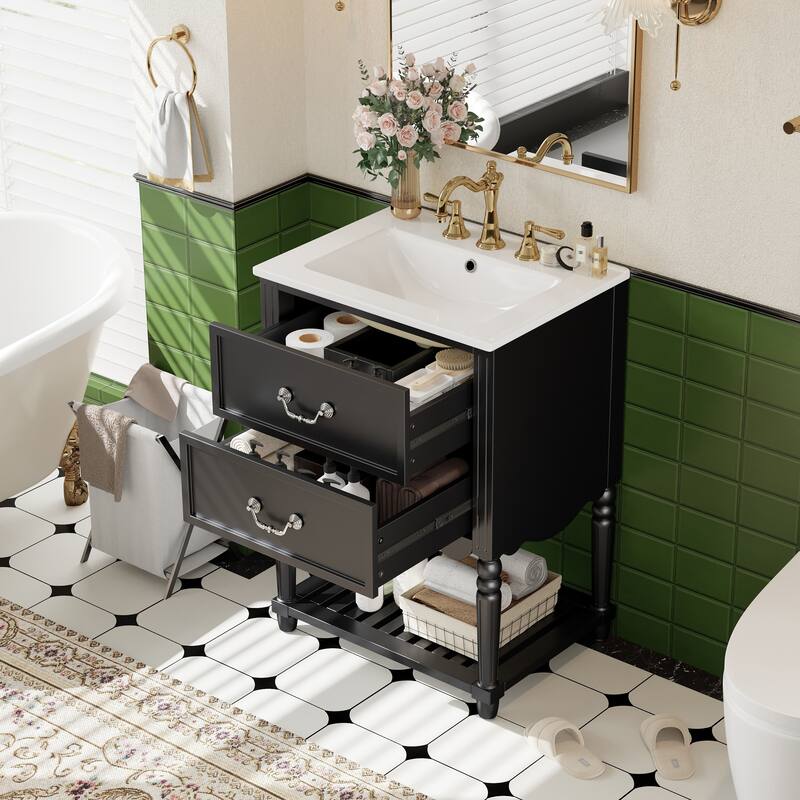 24" Bathroom Vanity with Ceramic Sink, Drawers and an Open Shelf