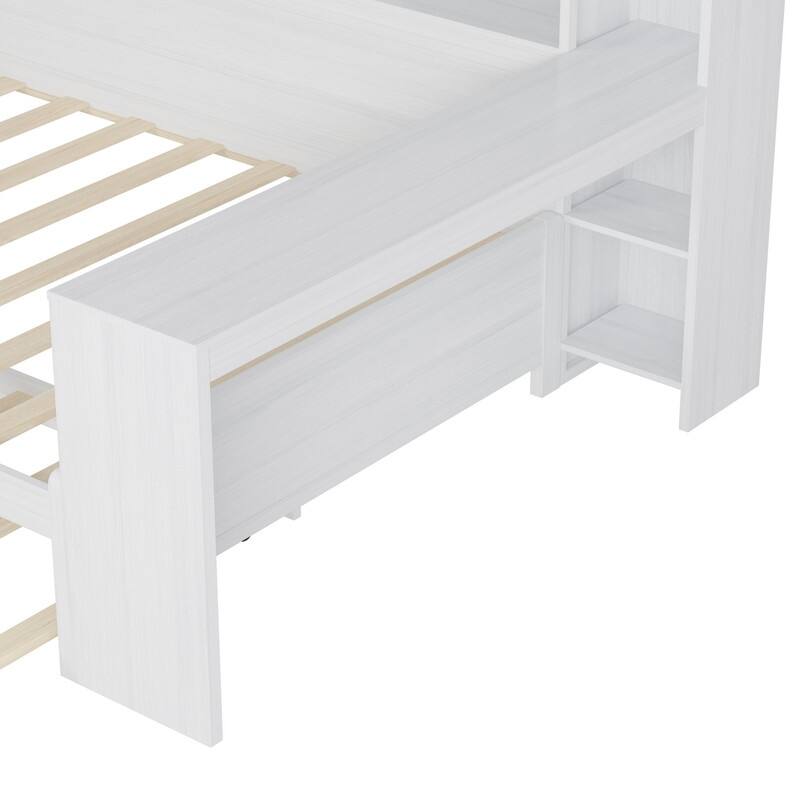 Wooden Daybed with Storage Shelves, Multi-functional Bed with Twin Size Trundle Bed and Study Desk