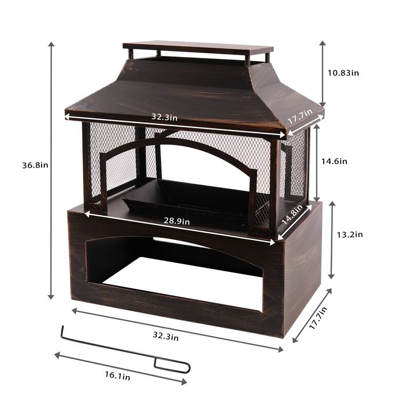 32 inch Durable Steel Rectangular Freestanding Wood Burning Fireplace with Log Rack