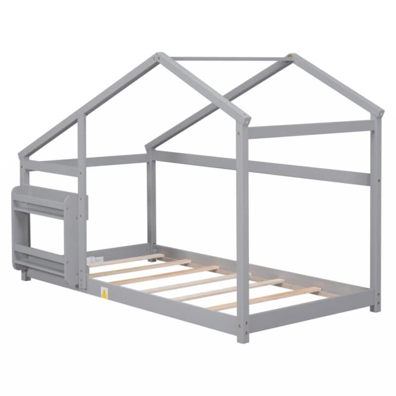 Twin Size Wooden House Bed, Twin Floor Wooden Bed with Shelf