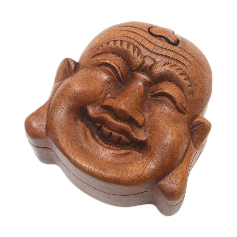 Novica Handmade Laughing Buddha Wood Puzzle Box