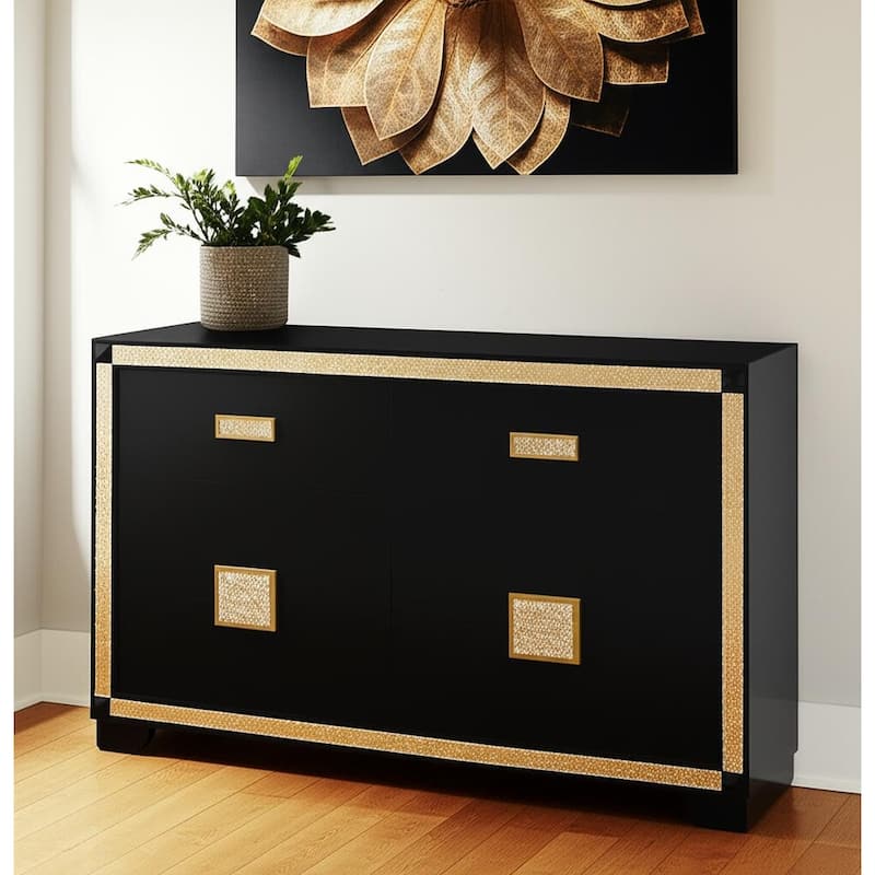 HomeRoots 62" Black And Gold Faux Crystal Bling Wood Six Drawer Double Dresser - Gold/Black - 6-drawer