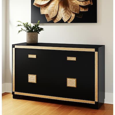 HomeRoots 62" Black And Gold Faux Crystal Bling Wood Six Drawer Double Dresser
