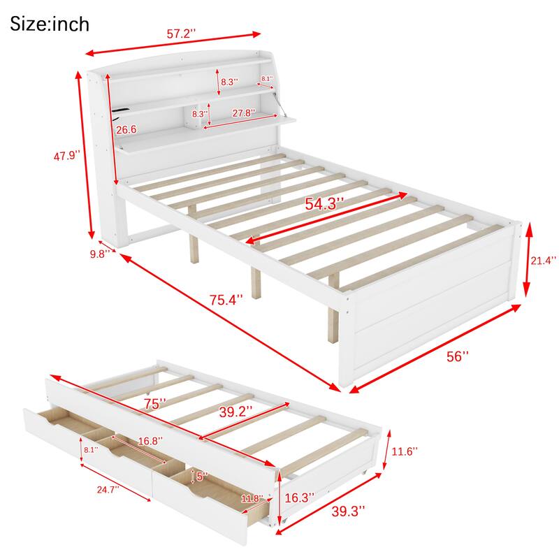 Wood Captain Bed Platform Bed with Trundle and 3 Drawers, Single Bed Frame with Storage Headboard and Integrated LED Light