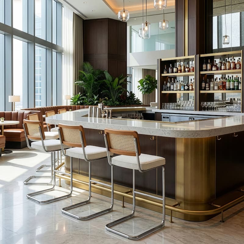 Set of 2 Ayo White Fabric Bar Stool with Rattan Backrest and Silver Steel Legs