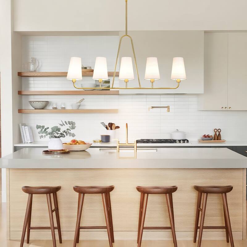 5-Light Mid-Century Modern Linear Pendant Light in Brass Finish White TC Fabric Shade for Dining Room and Kitchen Island