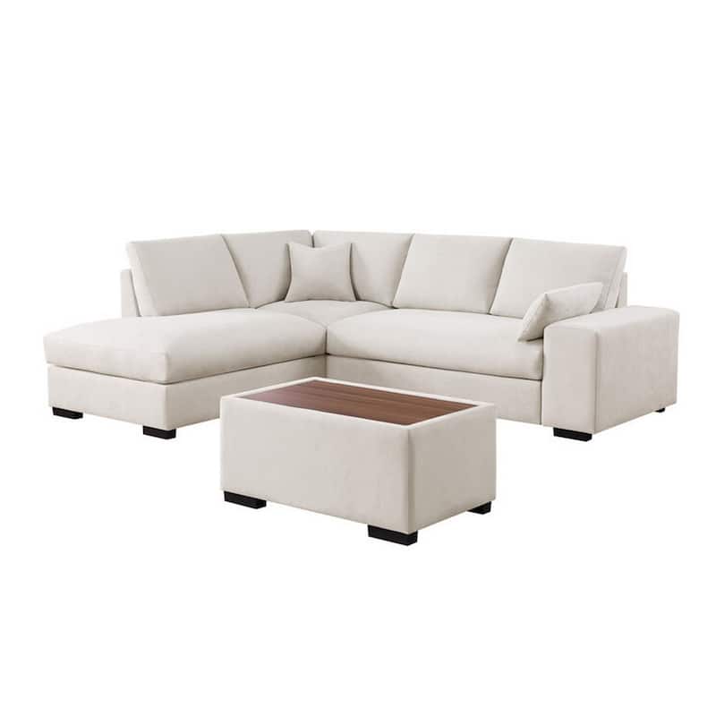 Eri 100 Inch Sectional Sofa, Right Facing Chaise, Ottoman, Pillows, Beige
