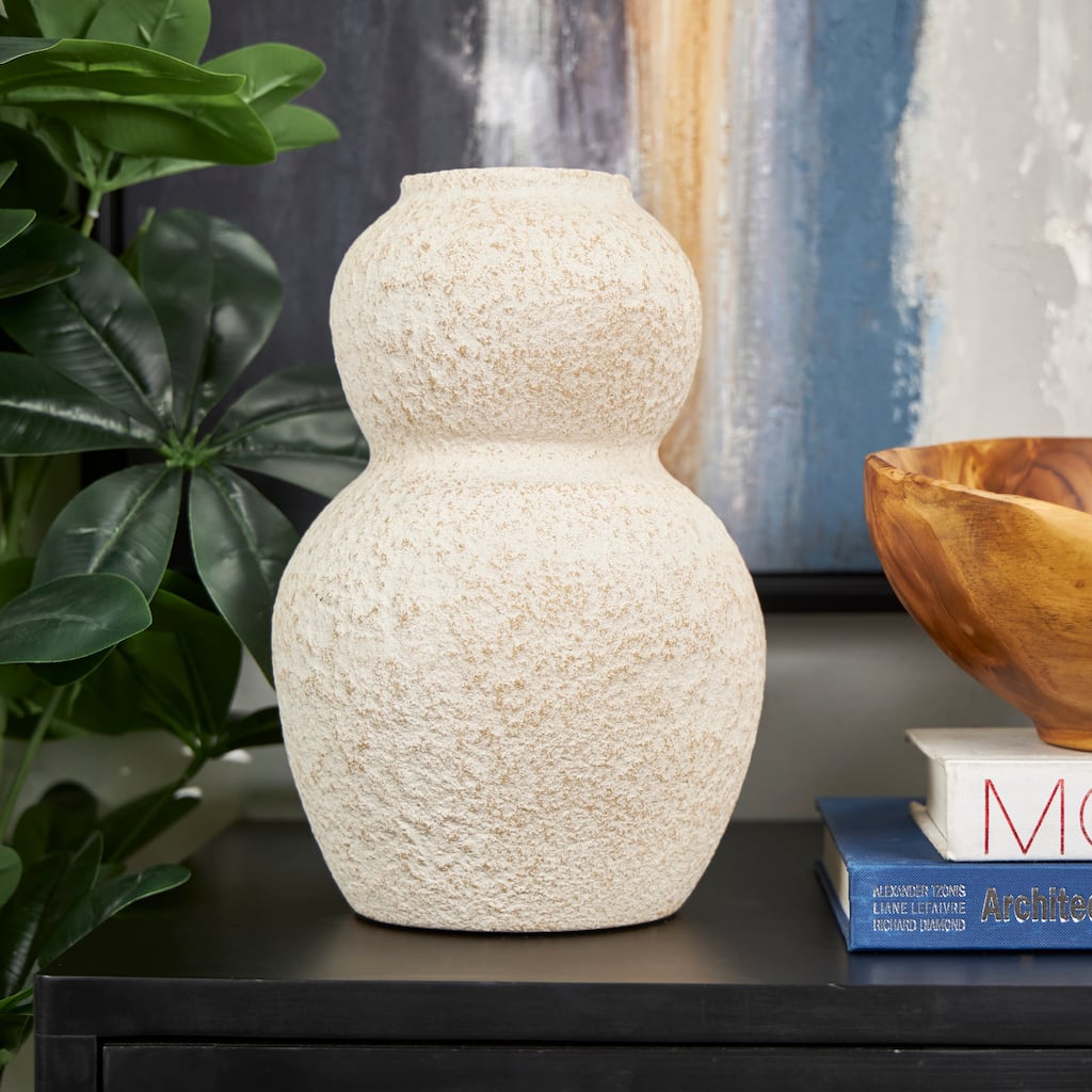 Cream Ceramic Hourglass Textured Vase with Brown Distressing