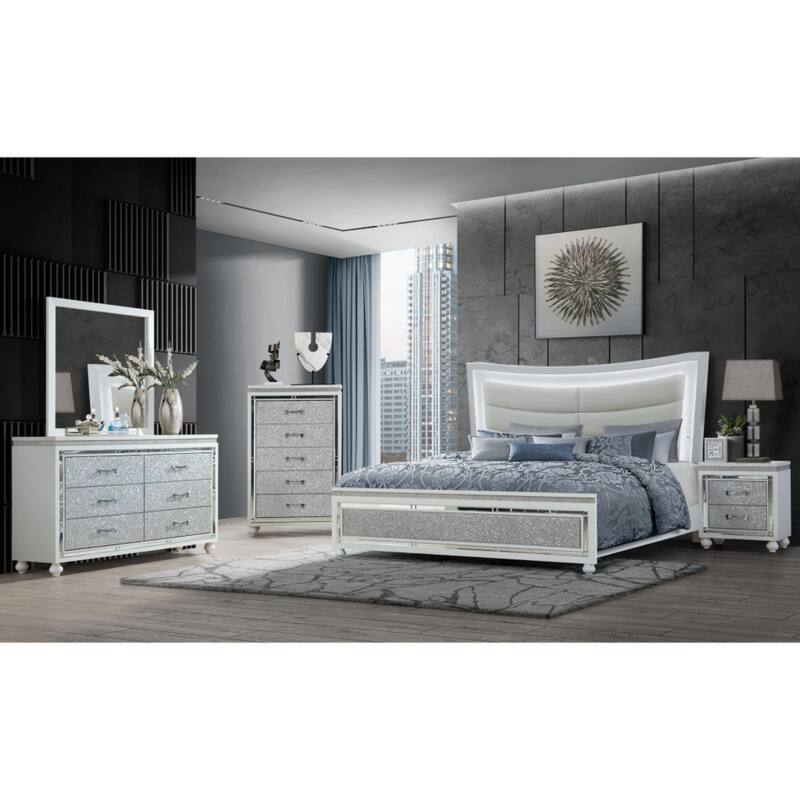 22" Tall Modern White Wood Nightstand with Drawers and Silver Accents, Square Bedside Table for Bedroom