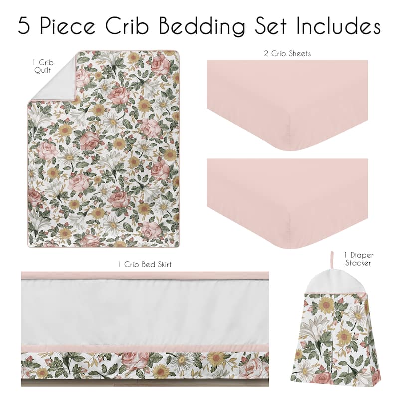 Sweet Jojo Designs Blush Pink Yellow Vintage Floral Boho Girl 5p Nursery Crib Bedding Set Green White Bohemian Shabby Farmhouse