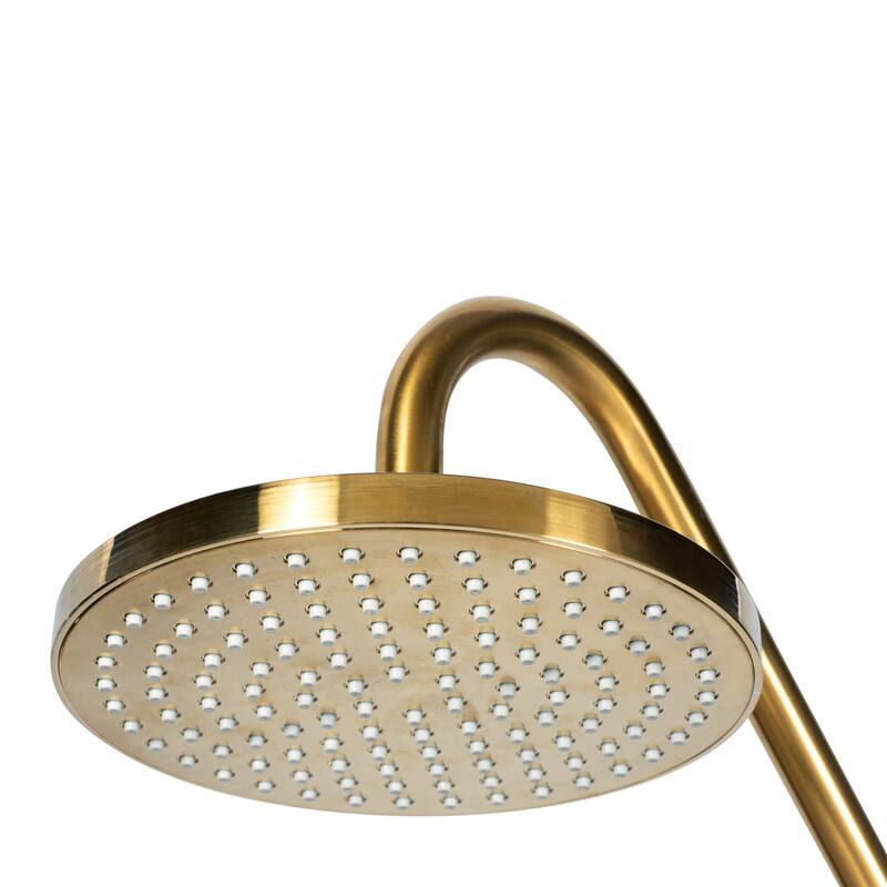 Kauai III 8-in Rain Showerhead Shower System with Slide Bar and Integrated Soap Dish Brushed Gold