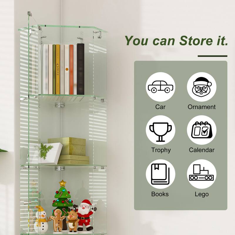 4-Tier Tempered Glass Display Case with 5-Mode Dynamic LED Lighting, Diamond Curio Cabinet for Collectibles Home Showcase