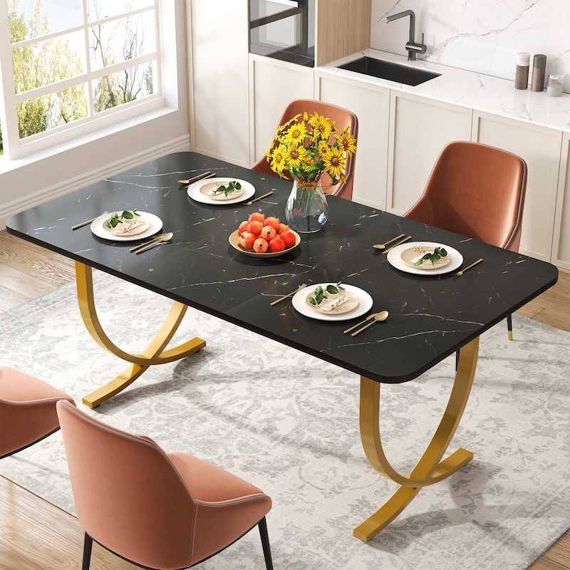 Rectangular Dining Table for 4 to 6, 63 Inch Modern Kitchen Table with Faux Marble Table Top and Metal Legs - Black and Gold