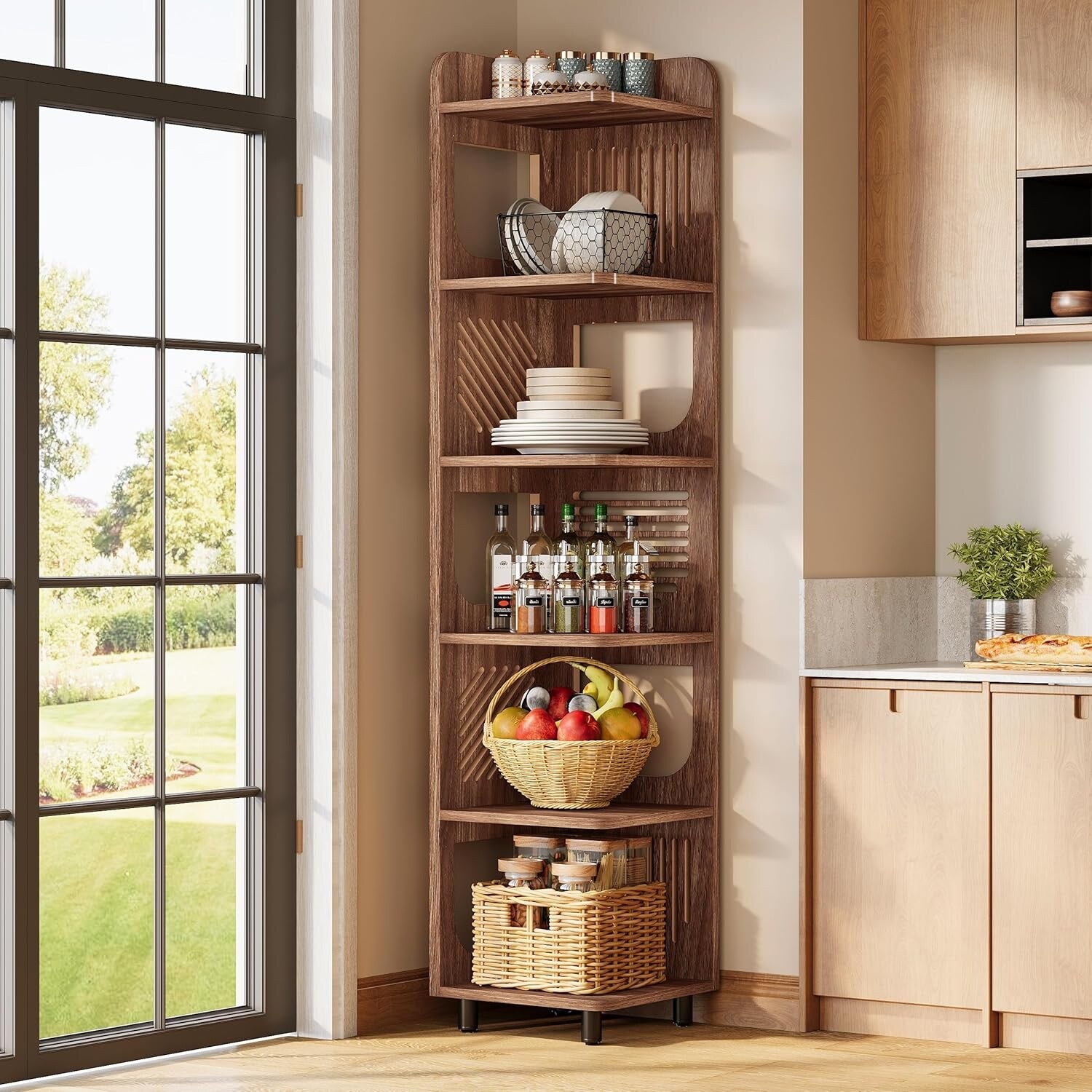 6-Tier Tall Brown Wood Corner Shelf, 71 Inches Corner Bookshelf
