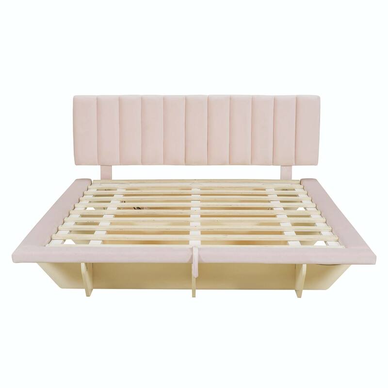 Queen Size Upholstered Floating Bed with LED Light and USB Port