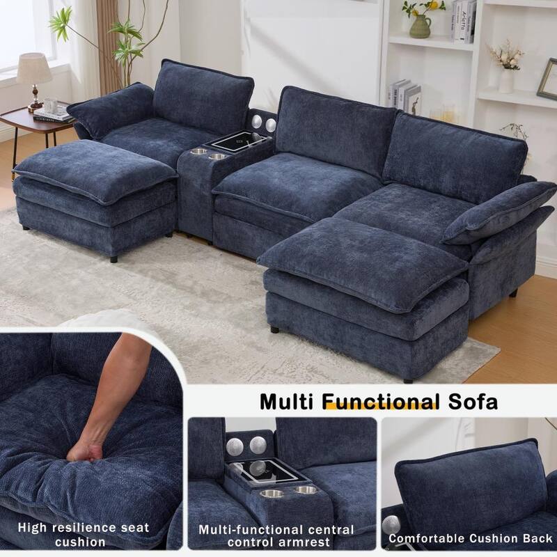 Modern Modular Sectional Sofa with Storage Console and Wireless Charging, Ottomans