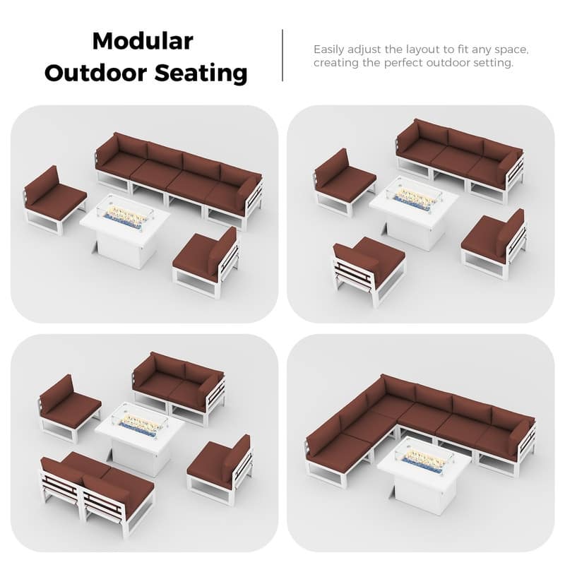 7 Piece Aluminum Patio Furniture Set with Fire Pit Propane/Natural Gas, 29 inch Deep Wide Seat Aluminum Outdoor Sectional