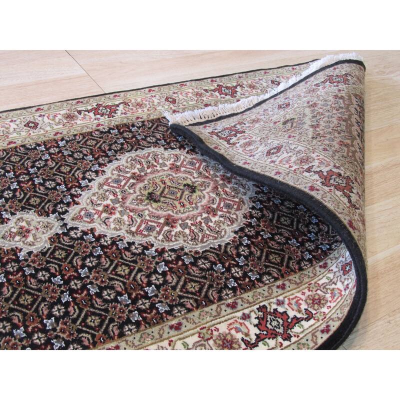 Black Hand Knotted Wool Traditional Mahi Tabriz Rug, 2'7 x 12'1 - Rich oriental design with hand-knotted wool. - N/A