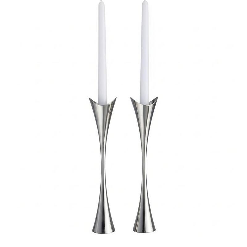 Nambe Curve Candlestick Holders - 2.75" W x 11" H - 2.75" W x 11" H - Silver