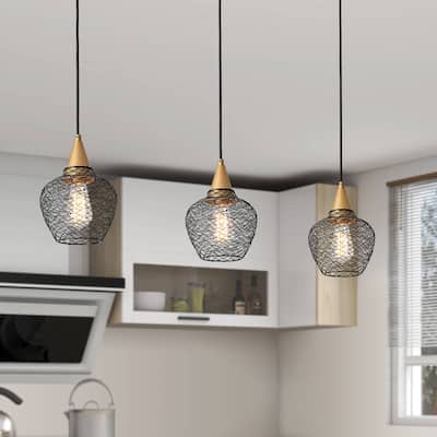 Edita 1-light Black and Brushed Brass Finish Woven Wire Cage Pendant